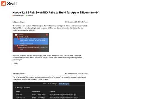 Hi everyone. I rely on Swift-NIO installed via the Swift Package Manager (in Xcode 12.2 running on macOS Big Sur 11.0.1). I am attempting to build on a new M1 Mac and Xcode is reporting that it can't find an arm64 archit&hellip;