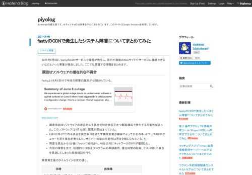 2021年6月8日、fastlyのCDNサービスで障害が発生し、国内外複数のWebサイトやサービスに接続できないなどといった事象が発生しました。ここでは関連する情報をまとめます。 原因はソフトウェアの潜在的な不具合 fasltyより6月8日付で今回の障害の顛末が公開されている。 www.fastly.com 障害原因はソフトウェアの潜在的な不具合で特定状況下かつ顧客構成で発生する可能性があった。このソフトウェアは5月12日に展開が開始されていた。 6月8日早くにこの不具合を発生条件を満たす構成変更が顧客によって行われネットワークの85%がエラーを返す事態が発生した。サイバー攻撃の可能性は否定と…