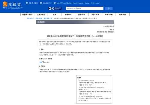 総務省では、各府省が政府統計の総合窓口（e-Stat）に掲載する統計表における機械判読可能なデータの表記方法の統一ルールを策定いたしましたので、お知らせいたします。