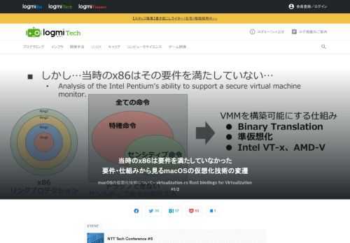 NTT Tech Conferenceは、NTTグループのエンジニアたちが一堂に会し、NTTグループ内外のエンジニアたちと技術交流を行うためのカンファレンスです。ここで「macOSの仮想化技術について~ virtualization-rs Rust bindings for Virtualization」をテーマに鈴ヶ嶺氏が登壇。まずはmacOSの仮想化技術の変遷と、ツールについて紹介します。