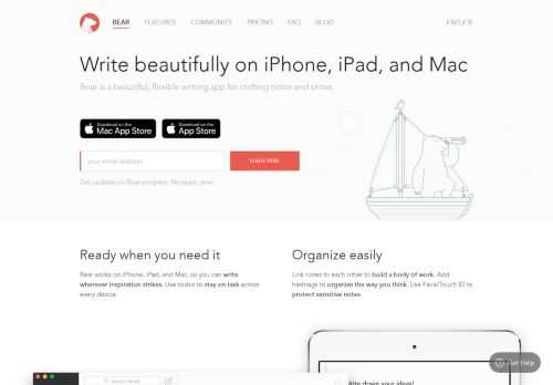 Bear is a focused, flexible writing app for iPhone, iPad, Mac and Apple Watch used by everyone from bloggers and web developers to aspiring authors and students!