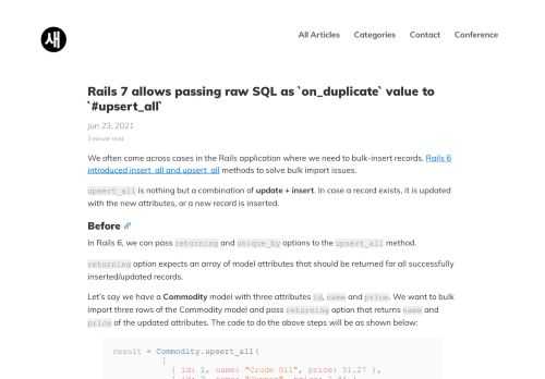 Rails 7 allow passing raw SQL statements to `on_duplicate` and `returning` option as value to ActiveRecord `#upsert_all` method.
