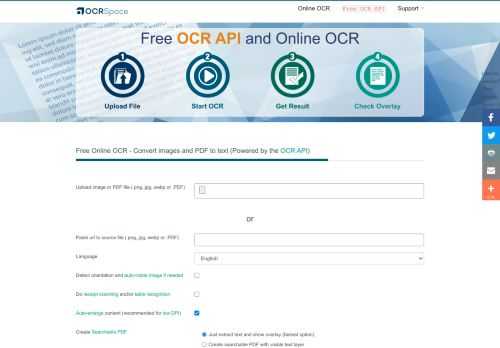Best free OCR API, Online OCR and Searchable PDF (Sandwich PDF) Service. Try instantly, no registration required. Available as On-Premise OCR Software, too. The Cloud OCR API is a REST-based Web API to extract text from images and convert scans to searchable PDF. Free OCR software as a hosted service and as download.