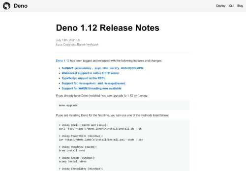 The Deno 1.12 release adds server side WebSockets, support for WASM threads, new web crypto APIs and more.