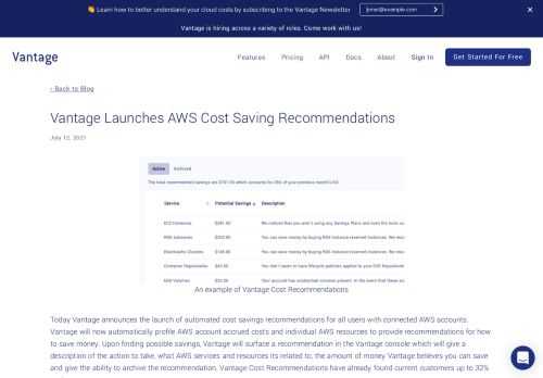 Today Vantage announces the launch of automated cost savings recommendations for all users with connected AWS accounts. Vantage will now automatically profile AWS account accrued costs and individual AWS resources to provide recommendations for how t