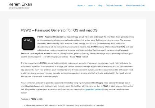 PSWD is a iOS and macOS utility that lets you generate strong random passwords with any combination of characters locally on your computer.