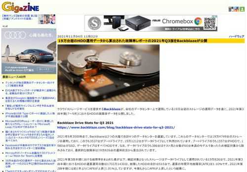 クラウドストレージサービスを提供するBackblazeが、自社のデータセンター上で運用している19万台超のストレージの運用データを基に、2021年第3四半期(7～9月)におけるHDDの故障率データを公開しました。