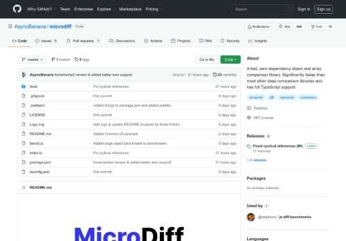 A fast, zero dependency object and array comparison library. Significantly faster than most other deep comparison libraries and has full TypeScript support. - GitHub - AsyncBanana/microdiff: A fast, zero dependency object and array comparison library. Significantly faster than most other deep comparison libraries and has full TypeScript support.