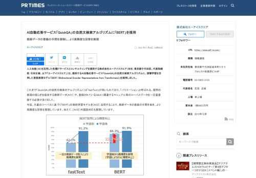 エーアイスクエアのプレスリリース（2021年11月8日 15時00分）AI自動応答サービス[QuickQA]の自然文検索アルゴリズムに[BERT]を採用