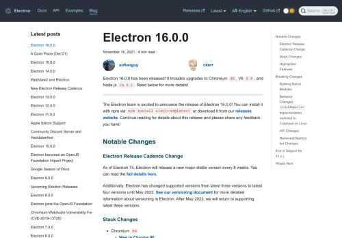 Electron 16.0.0 has been released! It includes upgrades to Chromium 96, V8 9.6, and Node.js 16.9.1. Read below for more details!