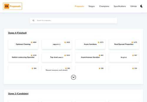 Browse ECMAScript/JavaScript proposals, champions, and more.