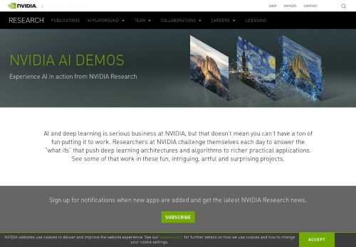 Interact with live AI demos based on NVIDIA Research, with links to whitepapers and GitHub source code.