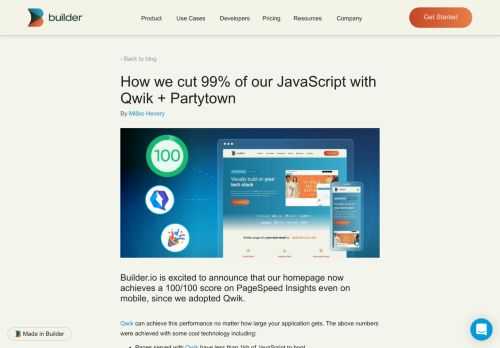 Builder.io is excited to announce that our homepage now achieves a 100/100 score on PageSpeed Insights even on mobile, since we adopted Qwik.