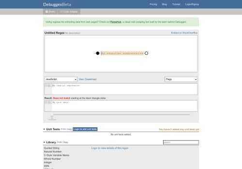 Test your regex by visualizing it with a live editor. JavaScript, Python, and PCRE.