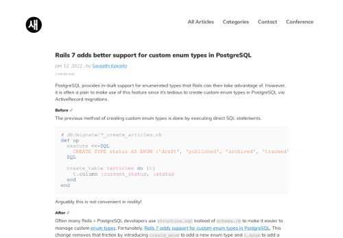 With Rails 7, use create_enum to add a new enum type and t.enum to add a column.