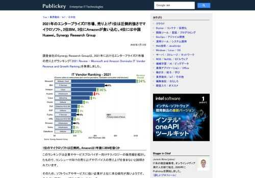 調査会社のSynergy Research Groupは、2021年におけるエンタープライズIT市場の売り上げランキング「2021 Review – Microsoft and Amazon Dominate IT Vendor Reven...