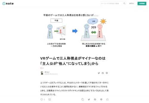 ふつうゲームをプレイする人は、手元のコントローラを通して平面のモニターの中にいる主人公を操作することに疑問を抱かない。俯瞰視点でマリオをジャンプさせるときも、主観視点でマインクラフトでダイヤモンドを掘るときも「そういうもの」として受け入れられている。  一方、VRゲームでは「画面に映るキャラクターを操作する」ゲームはかなりの少数派で、ほとんどは主人公の一人称視点を採用している。いったいなぜVRゲームでは三人称視点が少数派なのか、そもそもVRゲームの主人公とはなんなのだろうか？  平面のゲームとVRゲームの違い  平面のゲームと比べた際のVRゲームの特徴は「（１）プレイヤーの視界をまるご