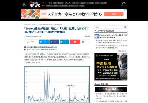 JPCERT/CCが、メールを介して広がるマルウェア「Emotet」について、2022年2月第1週から感染が急速に再拡大していると注意喚起。悪用の恐れがあるメールアドレス数は、Emotetが大幅に拡大した2020年に迫る勢いという。