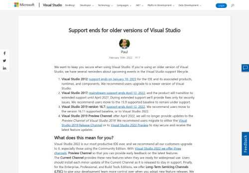 Extended support for Visual Studio 2012 ends January 2023. Mainstream support for Visual Studio 2017 ends April 2022. We recommend upgrading today!