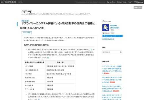 2022年2月28日、トヨタ自動車は部品仕入取引先の小島プレス工業のシステム障害を受けて国内の全ライン停止を公表しました。ここでは関連する情報をまとめます。 初めてとなる国内全工場停止 トヨタが停止対象としたラインは日本国内全14工場、28ラインで国内全工場の停止は初めて。*1 停止期間は2022年3月1日の1日間(1直・2直とも対象)。トヨタ車を生産するラインのある日野自動車、ダイハツ工業も停止対象の工場が含まれる。さらに北米やアジアなど海外の工場にも影響が波及するかは調査中としている。*2 影響を受けたトヨタ関連企業 対象工場 トヨタ自動車 元町工場、高岡工場、堤工場、田原工場 トヨタ自動…