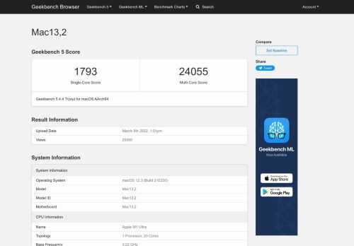 Benchmark results for a Mac13,2 with an Apple M1 Ultra processor. 
