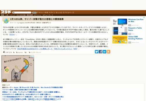 TECH+の記事によると2月16日以降、不審な攻撃者による不正アクセスが増加しているそうだ。サイバーセキュリティクラウドの調査によると、ボットや脆弱性スキャンツールによる攻撃の検知が急増しているという。その数は直近3か月の平均値と比較した場合、最大25倍にも達するとしている。この記事によると、2月27日ごろから海...