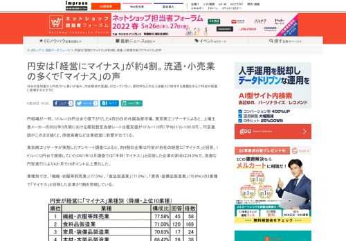 【ネッ担】日米の金利差から円売りドル買いが進み、円安解消の見通しが立っていない。原材料などの仕入を輸入に依存する業種を中心に円安が経営に影響を与えそうだ