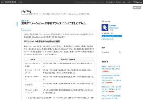 2022年4月28日、東映アニメーションは3月7日に公表していた不正アクセスによるシステム障害について調査結果を公表しました。ここでは関連する情報をまとめます。 不正アクセスの影響を受け作品制作が遅延 東映アニメーションは不正アクセスを受けたことに起因して、通常業務だけでなく同社が関係する作品制作の一部に遅れが生じた。具体的に影響が公表された作品は以下の5点。また関連商品の販売時期やキャンペーンが作品放送とタイミングが合わず、延期をしたり、放送前に登場キャラクターの商品が販売されてしまったり、告知が行われてしまうことがあった。 作品名 遅延が生じた期間等 ドラゴンクエスト ダイの大冒険 3月1…