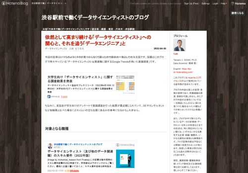 今回の記事はいつものようにネタが見つからなくて困ったので窮余の一策としての与太話です。話題はこのブログで時々やっている「データサイエンティスト＆関連職に関するGoogle Trendsを用いた意識調査」です。 ちなみに、某協会が学生向けのアンケートで意識調査を行った結果が最近報じられていて、SEやコンサルタントなど他職種と比べた場合にどれくらいの立ち位置にあるかの参考になるかもしれません。