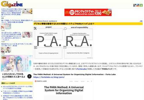 仕事や趣味の資料・タスクなどさまざまなデジタル情報を扱う人は、どのアプリでどのプロジェクトを管理し、どのフォルダ内の資料が何に用いるものなのか、また今はどれくらいの進行度合で何を目標としているのか、整理に苦労した経験も多いはず。そんなデジタルプロジェクトを整理するために、テクノロジーを使用して労働者の生産性が向上することを目標に掲げるForteLabsが提唱した方法論が「PARAメソッド」です。