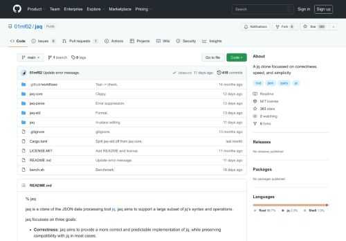 A jq clone focussed on correctness, speed, and simplicity - GitHub - 01mf02/jaq: A jq clone focussed on correctness, speed, and simplicity