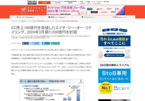 【ネッ担】エイチ・ツー・オー リテイリングが公表した2024年3月期を最終年度とした3か年の中期経営計画（中計）によると、2021年3月期に84億円だったEC売上高を、中計最終年度は約3倍となる250億円を目標としている