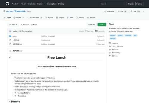 A curated list of free Windows software, online services and resources. - GitHub - auctors/free-lunch: A curated list of free Windows software, online services and resources.