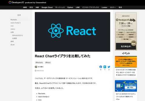こんにちは。データアナリティクス事業本部 サービスソリューション部の北川です。 最近、ReactのChartライブラリについて調べる機会があったので、その時の共有です。 今回は、以下の４つを使用してみました。 Recha …