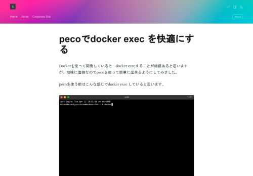 Dockerを使って開発していると、docker execすることが結構あると思いますが、地味に面倒なのでpecoを使って簡単に出来るようにしてみました。  pecoを使う前はこんな感じでdocker exec していると思います。  pecoを使うとこんな感じになります。  1文字打つだけでコンテナに入れます、早くて楽で良いですよね。  それでは設定していきたいと思います。 まずpecoをインストールします。 ※今回はbrewを前提にしてますので、brewが使えない場合は別途brewをインストールしてください。（windowsの人はbrewないので手順変わります、ごめんなさい）  brew install peco  これだけでpecoが使えるようになります。pecoは別のコマンドの結果を受け取って選択できるようにしてくれる、そして選択した結果だけを返してくれるコマンドになります。  以下がお試ししてみたキャプチャになります。docker psの結果をpecoに渡すことで、その結果を行選択出来るようになってます。お試しの場合だとappコンテナを選択しているので、最終的にはdocker