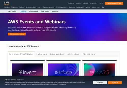 AWS holds events, both online and in-person, bringing the cloud computing community together to connect, collaborate, and learn from AWS experts.