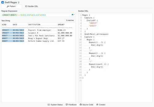 Swift Regex is an online tool to learn, build and test Swift Regex Regex and Regex Builder.