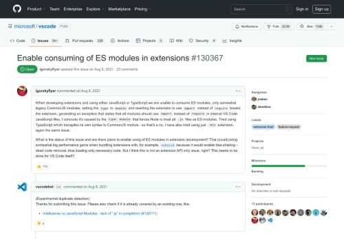 When developing extensions and using either JavaScript or TypeScript we are unable to consume ES modules, only somewhat legacy CommonJS modules, setting the type to module and rewriting the extension to use import instead of require brea...