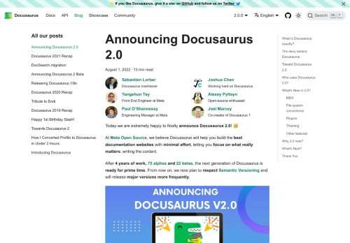 Today we are extremely happy to finally announce Docusaurus 2.0! 