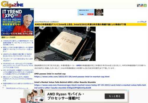 現地時間の2022年7月29日(金)、半導体製造メーカー・AMDの時価総額が同じく半導体大手のIntelを上回りました。AMDの時価総額が1530億ドル(約20兆円)に到達したのに対して、Intelの時価総額は1480億ドル(約19兆3000億円)まで下落しています。