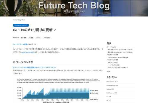 Go 1.19リリース連載の6本目です。 Go 1.19では、いくつかメモリ周りの更新がありました。1つはガベージコレクタ周りのお話と、あとはメモリモデルの更新です。　ライブラリではsync/atomic.Int64など、いくつか型が追加されました。 ガベージコレクタガベージコレクタの詳細と調整の仕方についてのドキュメントが追加されました。このドキュメントはスライダーで動作の変化がみられ