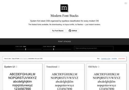 System font stack CSS organized by typeface classification for every modern OS. The fastest fonts available. No downloading, no layout shifts, no flashes — just instant renders.