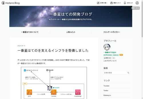 ずっとさぼっていたのですがインフラ周りを整備し、AWS SAMで構築できるようにしました。 下記が一番星はてのシステム構成図です。 一番星はてのシステム構成図 システム概要 はてのさんはLambda上におり、EventBridge経由で基本的に2時間に1回のスケジューリングではてなAPIやOpenAI APIと連携しブックマークを行います。 LambdaはコンテナイメージタイプでFastAPIで動いています。FastAPIのルーティングとLambdaを統合するためmangumを利用しています。 各インフラはAWS SAMによってコード管理されており、GitHub Actionsでpush時に自…